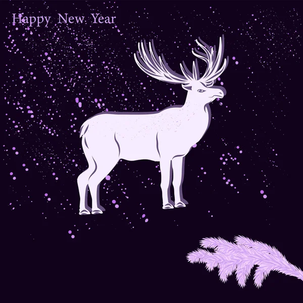 Witte herten, sparren tak, abstracte druppels op een donkerpaarse achtergrond - vector Gelukkig Nieuwjaar 2020. Kerstmis. — Stockvector