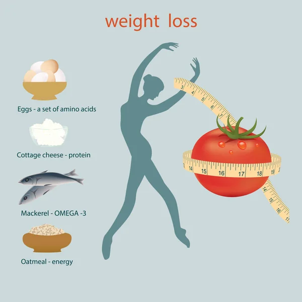 Produkty odchudzające - jajka, owsianka, ser wiejski, makrela - szczupła sylwetka dziewczyny, pomidor, taśma pomiarowa - wektor. Zdrowy styl życia. — Wektor stockowy