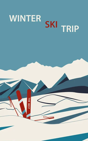 Winter ski trip. Skis and ski poles - abstract Mountains background - illustration, vector. Winter sport. Sports banner. — Stock Vector