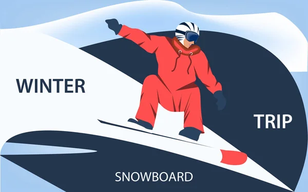 Snowboarder in a bright suit, helmet - abstract background - illustration, vector. Winter sport. Winter snowboard trip. Sports banner.