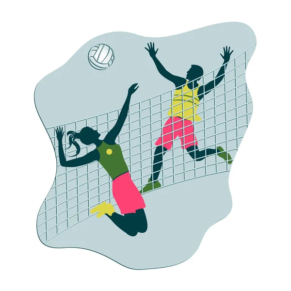 Voleibol - jogo - mulher e homem - rede, bola - ícone, estilo plano isolado no fundo branco - vetor. Estilo de vida moderno. Férias activas . — Vetor de Stock