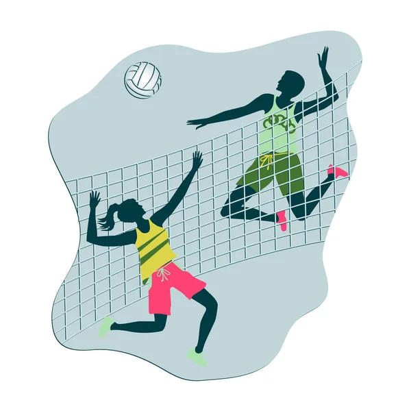 Voleibol - mulher e homem em um jogo - rede, bola - ícone, estilo plano isolado no fundo branco - vetor. Estilo de vida moderno. Férias activas . — Vetor de Stock