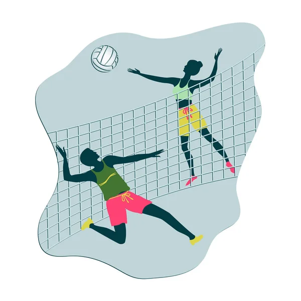 Voleibol - juego de azar hombre y mujer - red, bola - icono, estilo plano aislado sobre fondo blanco - vector. Estilo de vida moderno. Vacaciones activas . — Vector de stock