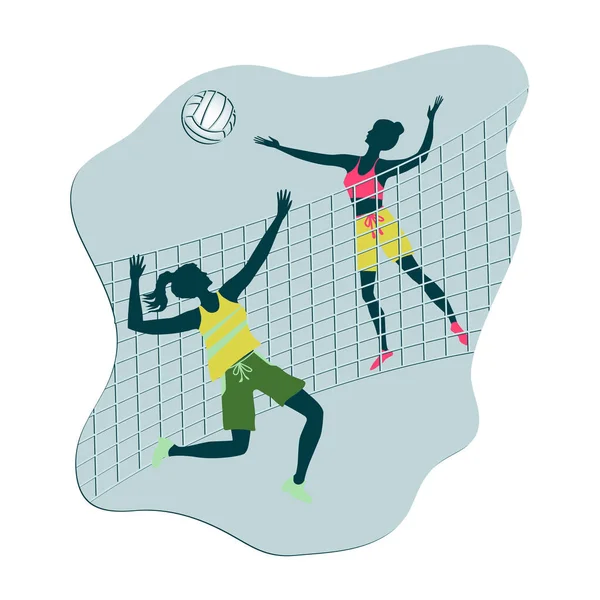 Voleibol - juego - dos niñas - red, bola - icono, estilo plano aislado sobre fondo blanco - vector. Estilo de vida moderno. Vacaciones activas . — Vector de stock