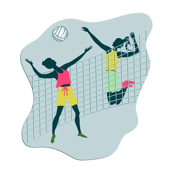 Volejbal - dívky emocionálně hrát - net, míč - ikona, plochý styl izolované na bílém pozadí - vektor. Moderní životní styl. Aktivní dovolená. — Stockový vektor