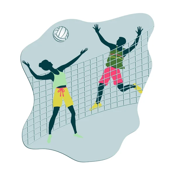 Voleibol - juego emocional - mujer y hombre - red, bola - icono, estilo plano aislado sobre fondo blanco - vector. Estilo de vida moderno. Vacaciones activas . — Vector de stock