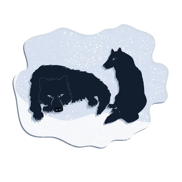 Loba hembra y Lobo yace en la nieve, nevada - aislado sobre fondo blanco - estilo plano - ilustración, vector. El invierno. Mundo animal . — Vector de stock