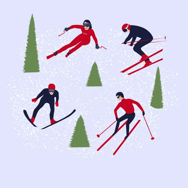 Kayakçılar - kar yağışı, Noel ağaçları - vektör. Noel zamanı. Yeni yıl. Kışın açık hava eğlencesi. Kayak. — Stok Vektör