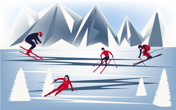 Esquiadores nas montanhas - fundo abstrato - vector. No Natal. Ano Novo. Inverno recreação ao ar livre. Esqui . — Vetor de Stock