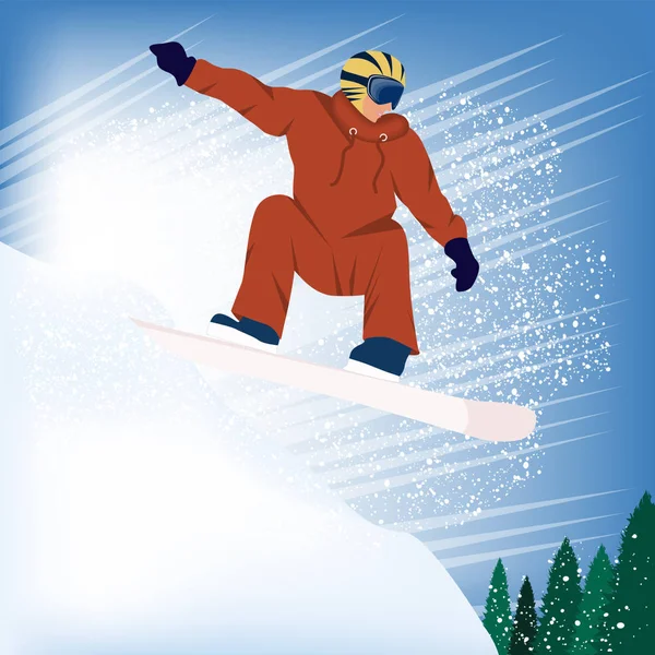 Snowboardzista skaczący ze śnieżnej góry w hełmie, okulary - ilustracja, wektor. Sporty zimowe. Odpoczynek w naturze. — Wektor stockowy