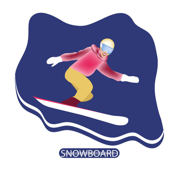 Girl snowboarder in bright clothes, glasses, smiling - isolated - vector. Winter sports. Rest at nature.