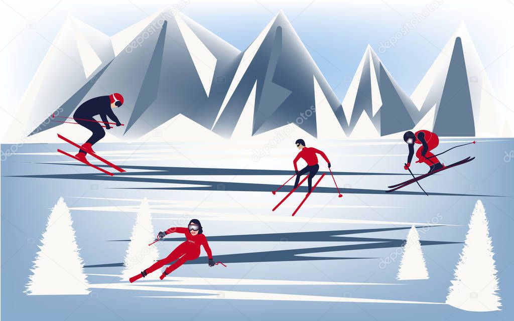Skiers in the mountains - abstract background - vector. Christmas. New Year. Winter outdoor recreation. Skiing.