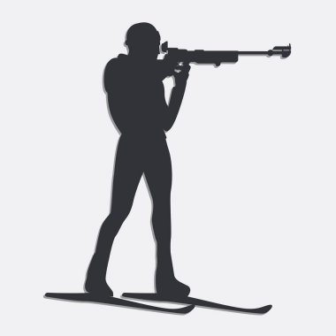 Biatlon. Biatloncu, siluet, beyaz arka planda izole edilmiş bir silahla ateş ediyor - illüstrasyon, vektör. Kış sporu.