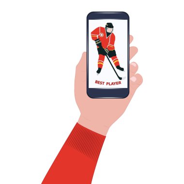 Hokey mi? Akıllı telefon, ekranda hokey oyuncusu var. En iyi oyuncu. - Beyaz arka planda izole edilmiş. - Vektör. Kış sporu.