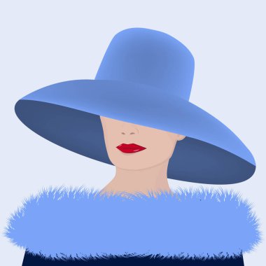 Mavi şapkalı, kürklü, uzun şekerleme yapan zarif bir kadın. Modern moda..