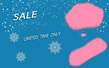 Sat gitsin. Uzun öbek ve yakalı pembe kürk şapka, vektör. Kış giysileri Modern moda..