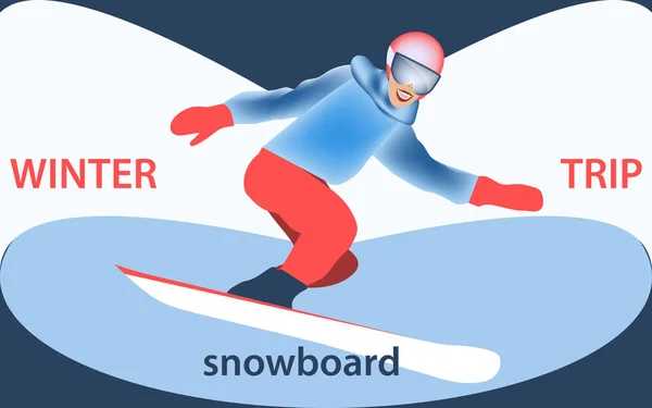 Snowboarder. Girl on a snowboard, laughs - abstract background - illustration, vector. Winter sport. Winter snowboard trip. Sports banner.