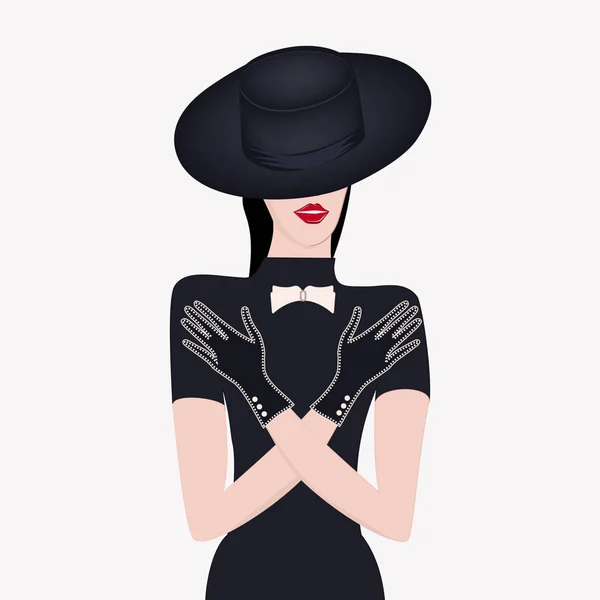 Fille en gants et chapeau avec bord isolé sur un fond clair vecteur. Salon de vêtements élégants. Mode féminine . — Image vectorielle
