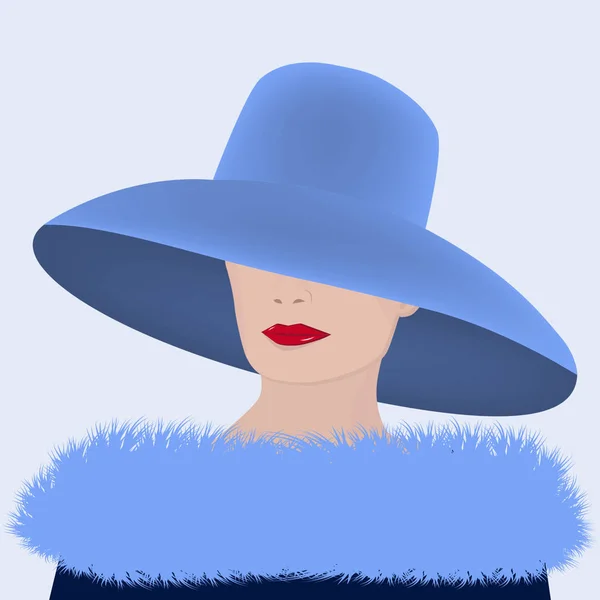 Elegáns nő kék kalapban és szőrme gallérral, hosszú szundikálással - vektor. Modern divat. — Stock Vector
