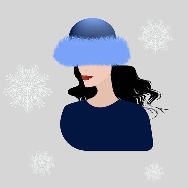 革の帽子は長い杭で青い毛皮でトリミング-エレガントな女性、プロフィールで顔-ベクトル。冬服モダンなファッション。毛皮製品のサロン. — ストックベクタ