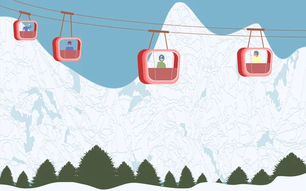 Berge, Schnee, Wald, Seilbahn, Wagen mit Passagieren, - Illustration, Vektor. Reiseplakat. Winterurlaub. — Stockvektor