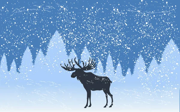 Sneeuwval. Winterlandschap. Herten in een besneeuwd bos - illustratie, vector. — Stockvector