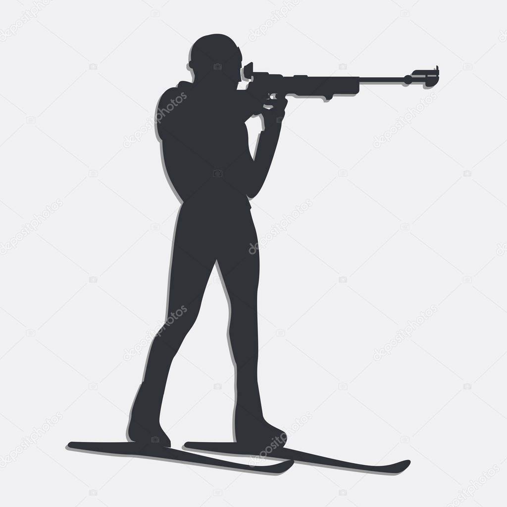 Biathlon. Biathlete, silhouette, shoots a gun - isolated on white background - illustration, vector. Winter sport.
