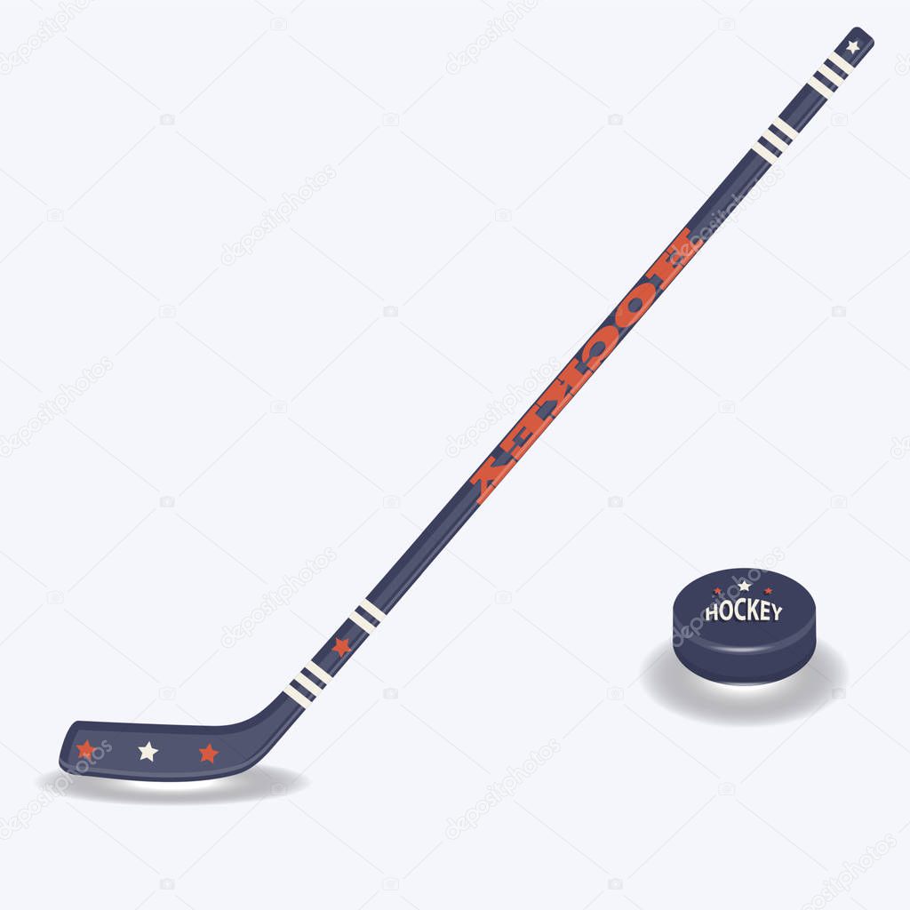 Hockey stick and puck - isolated on white background - vector. Winter sport