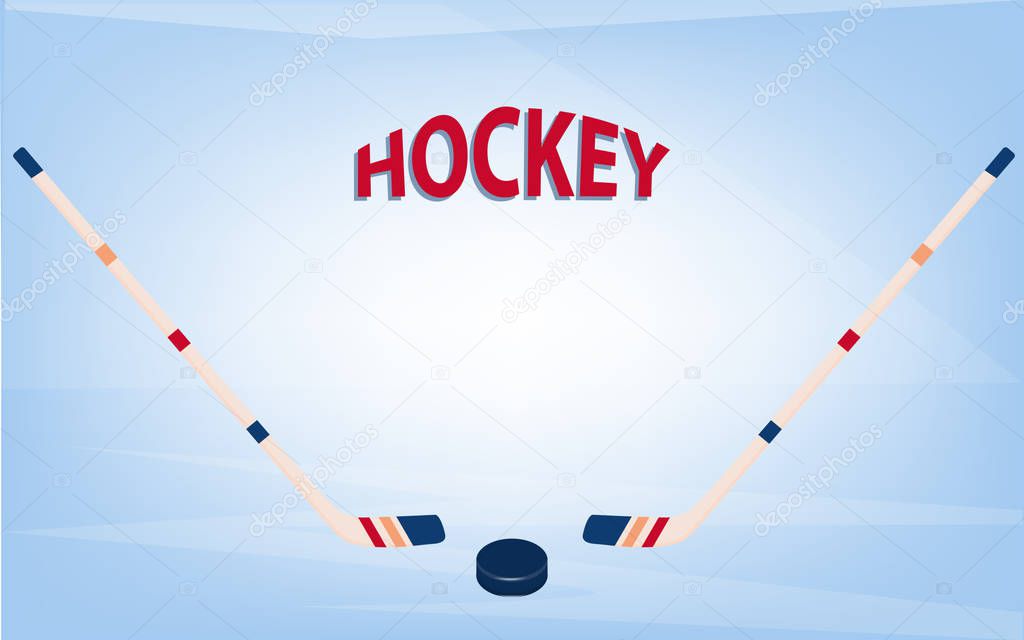 Hockey. Two hockey sticks and puck - abstract blue background - illustration, vector. Winter sports.