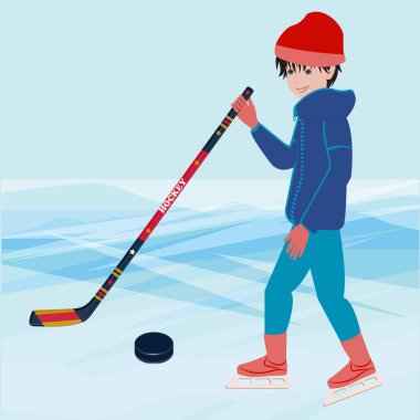 Buz sahasında hokey sopası olan çocuk - soyut mavi arka plan - vektör. Kış sporu. Okul molası.