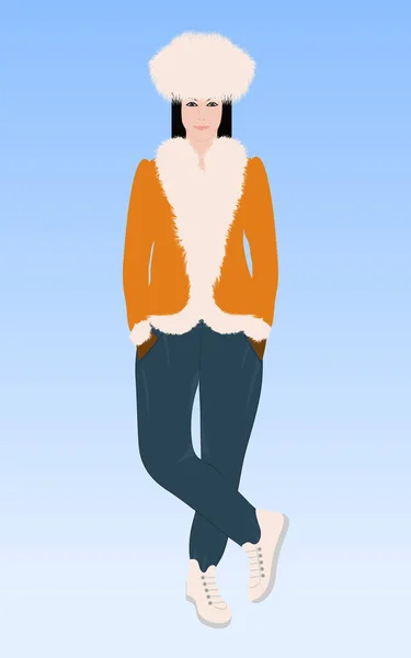 Linda chica moderna vestida con un sombrero de piel y chaqueta con adorno de piel - ilustración, vector. Ropa de invierno de piel artificial . — Vector de stock