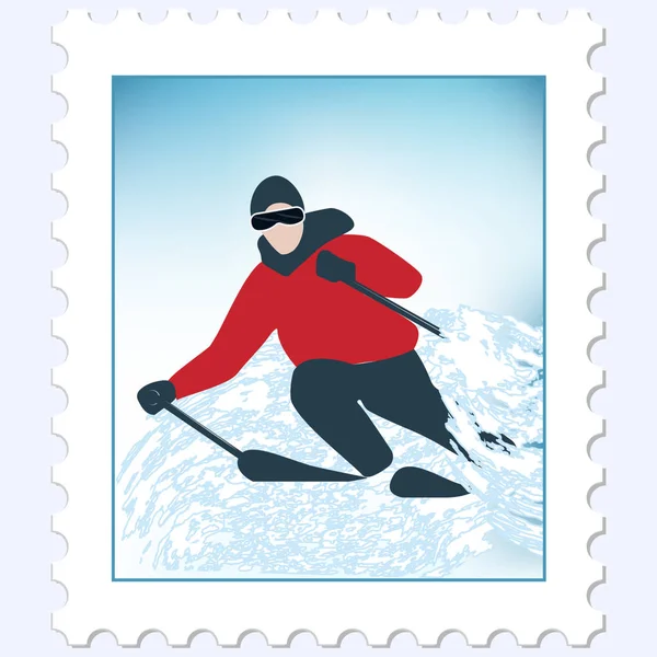 Poststämpel - Skidåkare i snöstorm - nedstigning från berget - vektor. Turistskidåkning. — Stock vektor