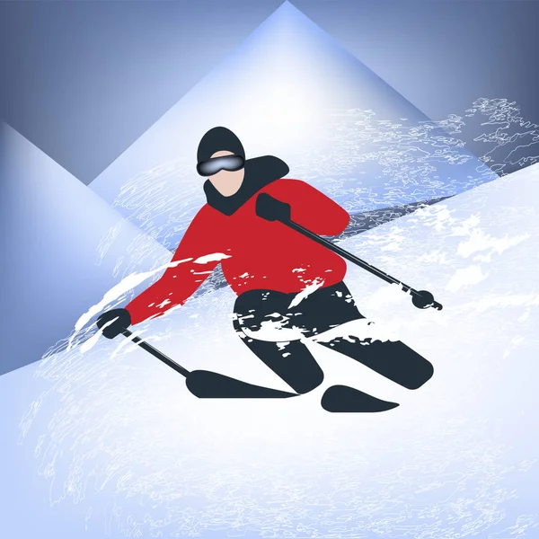 Лыжник - спуск - горный пейзаж, снежный вихрь - иллюстрация, вектор. Зимний спорт. Кататься на лыжах. Фристайл . — стоковый вектор