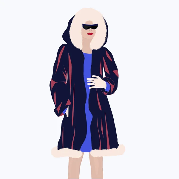 Elegantní dáma v kabátě s kapucí lemovanou kožešinou - izolovanou na bílém pozadí - vektor. Faux kožich. Zimní oblečení. Nejlepší sezónní oblečení. Krásná moderní móda. — Stockový vektor