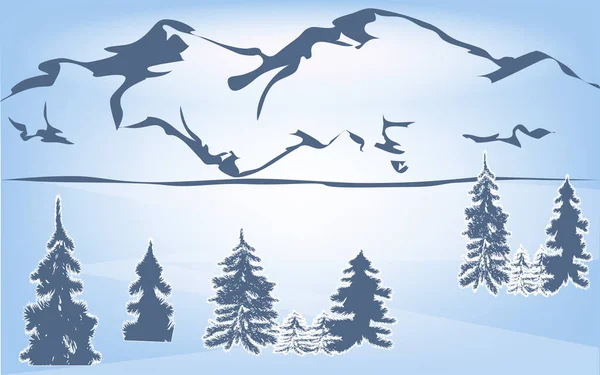 Winter landscape - mountains, snow, spruce forest - light blue background - vector. — Stock Vector