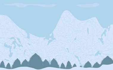 Winter abstract mountains - spruce forest, snowdrifts - art, vector. Travel Poster. Mountain tourism