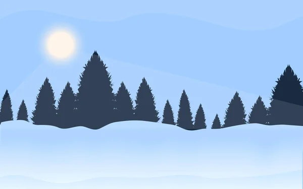Winter landscape - spruce forest, snowdrifts, sun - art, vector. Travel Poster. — Stock Vector
