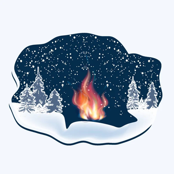 Winter night forest - bonfire with a bright flame, falling snow, snowdrifts - icon isolated on a white background - vector. Rest at nature. Travel poster. — Stock Vector