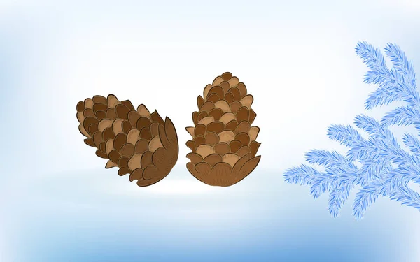 Winter still life. Fir cones, spruce branch - light blue background - illustration, vector. Rest at nature. Travel poster. — Stock Vector