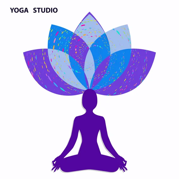 Du yoga. Silhouette de femme en position lotus - emblème de fleur au-dessus de sa tête - isolé sur fond blanc - vecteur — Image vectorielle