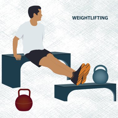 Kas eğitimi - atlet ve iki yuvarlak metal ağırlık - soyut arka plan - vektör. Ağırlık kaldırma.