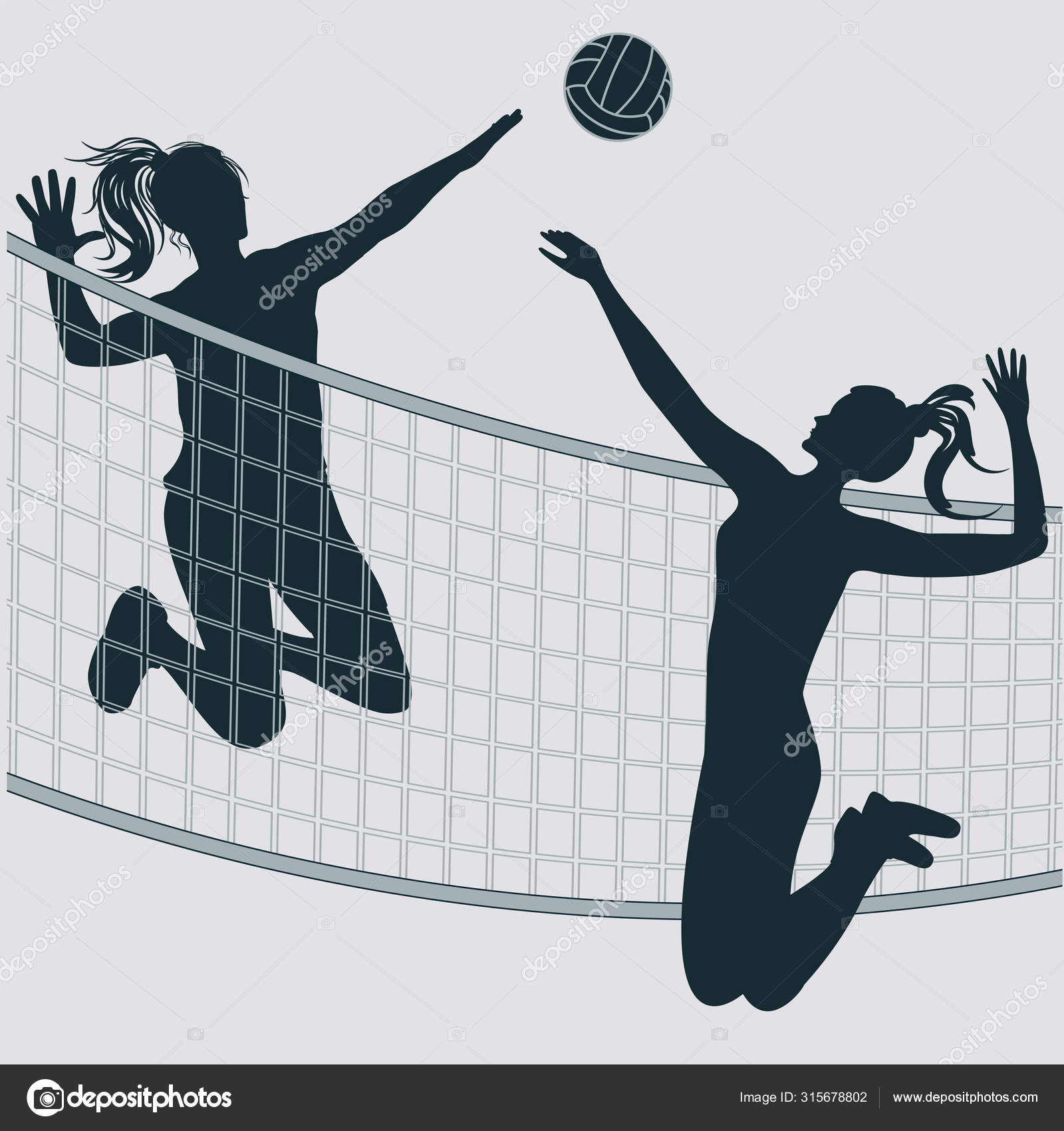 jogadores de vôlei abstratos, duas meninas jogando vôlei, jogos de esportes  femininos. conceito de jogo de bola. 2 mulheres jogam vôlei com bola e  rede. gráficos vetoriais planos na moda 6036673 Vetor