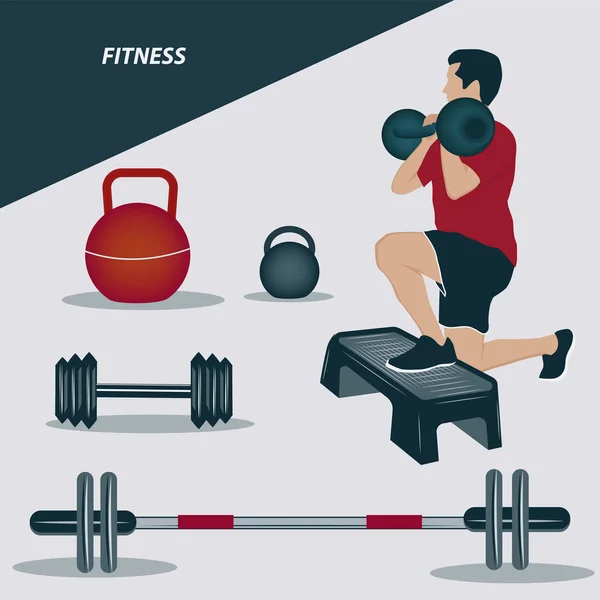 A man lifts weights and a set of sports equipment for fitness - vector. Sport Club. — Stock Vector