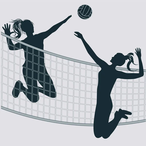Voleibol - silueta de dos niñas - golpear la pelota en un salto con la mano - vector. Elemento de diseño gráfico. Deporte activo . — Vector de stock