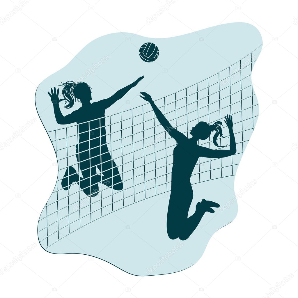 Volleyball - two girls recklessly play ball through the net - flowing monochrome icon, isolated on white background - vector. Graphic design element. Active sport.