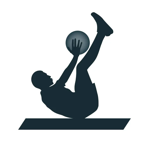 Silhouette athlete lying on his back does an exercise with a metal ball - isolated on white background - vector. Sport Club — ストックベクタ