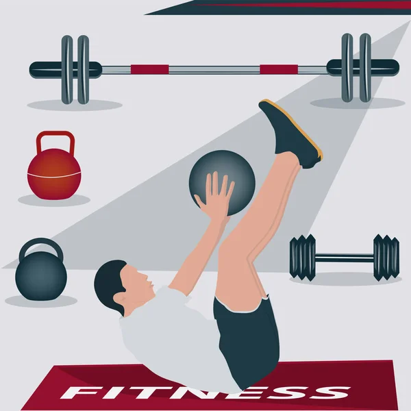 Sport Club. A man lying on his back does an exercise with a metal ball - barbell, dumbbell, kettlebell - on a bright background - vector. Sports Banner. — ストックベクタ