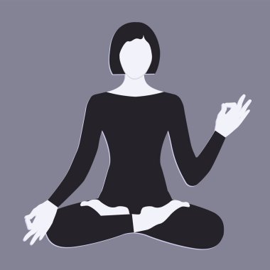 Yoga - Asana pozunda oturan bir kadının silueti - vektör. Spor Kulübü.