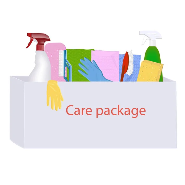 Karton Eine Reihe Von Haushaltswaren Für Die Reinigung Vektor Care — Stockvektor