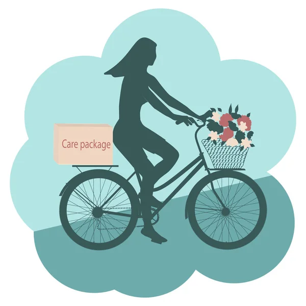 パッケージと自転車のボランティア 花のバスケット ベクトル ケアパッケージのアイデア 隔離室だ 社会的距離 贈り物 — ストックベクタ